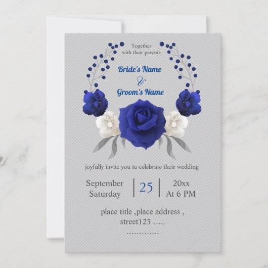 Koninklijk Blauw Wit Bloemen Zilver Grijs Bruiloft Kaart (Voorkant)