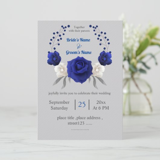 Koninklijk Blauw Wit Bloemen Zilver Grijs Bruiloft Kaart (Staand voorkant)