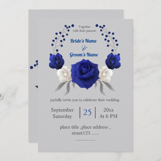 Koninklijk Blauw Wit Bloemen Zilver Grijs Bruiloft Kaart (Voorkant / Achterkant)