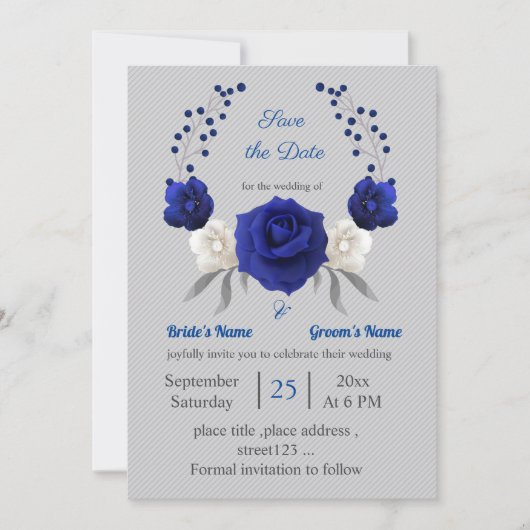 Koninklijk Blauw Wit Bloemen Zilver Save the Date Kaart (Voorkant)