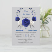 Koninklijk Blauw Wit Bloemen Zilver Save the Date Kaart (Staand voorkant)