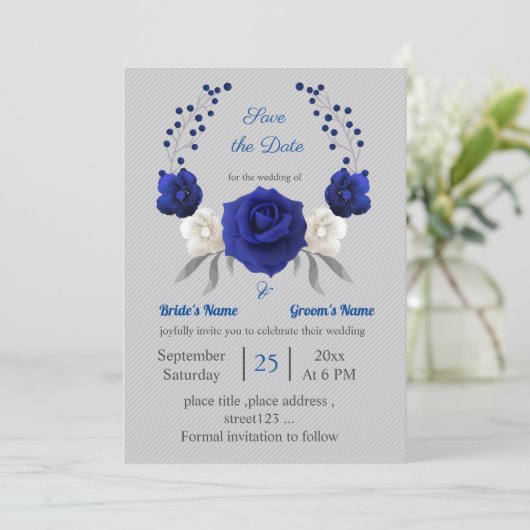 Koninklijk Blauw Wit Bloemen Zilver Save the Date Kaart (Staand voorkant)