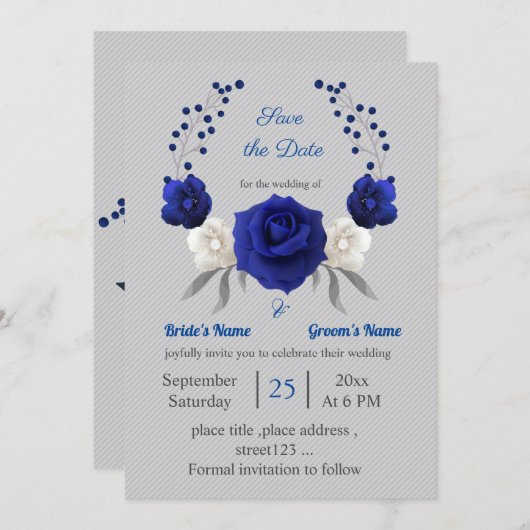 Koninklijk Blauw Wit Bloemen Zilver Save the Date Kaart (Voorkant / Achterkant)
