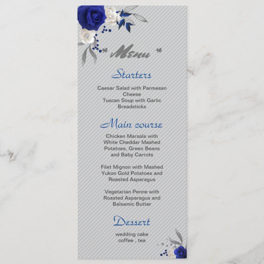 Koninklijk Blauw Wit Bloemen Zilveren bladeren Bru Menu (Voorkant)