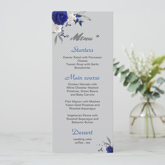 Koninklijk Blauw Wit Bloemen Zilveren bladeren Bru Menu (Staand voorkant)