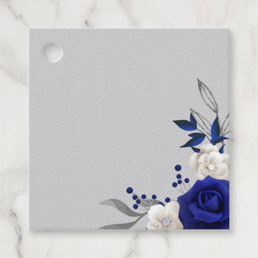 Koninklijk Blauw Wit Bloemen Zilveren bladeren Fav Bedankjes Labels (Voorkant)
