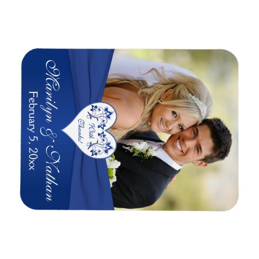 Koninklijk Blauw Wit Bloemenhart Bruiloft Foto Mag Magneet (Horizontaal)