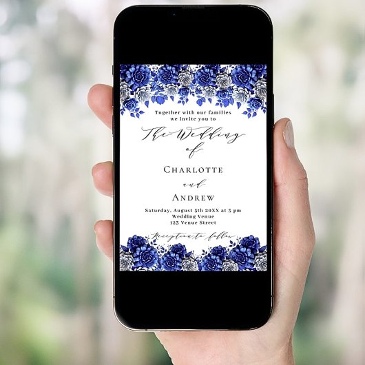 Koninklijk blauw wit bloemenschrift bruiloft kaart