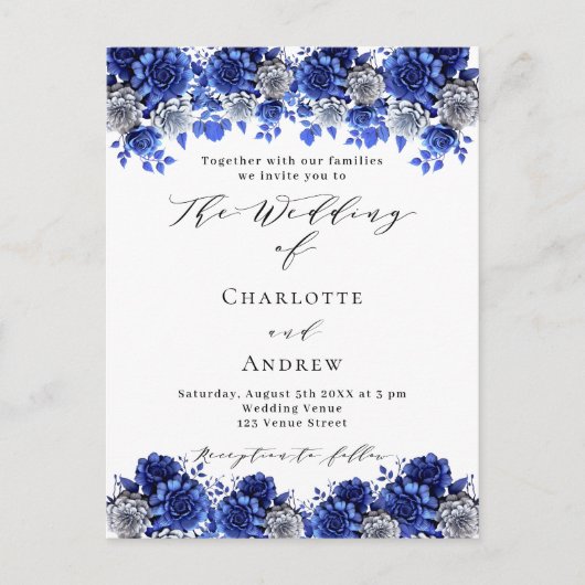 Koninklijk blauw wit bloemenschrift bruiloft uitnodiging briefkaart (Voorkant)