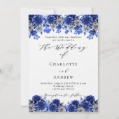 Koninklijk blauw wit bloemenschrift luxe bruiloft kaart (Voorkant)