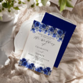 Koninklijk blauw wit bloemenschrift luxe bruiloft kaart