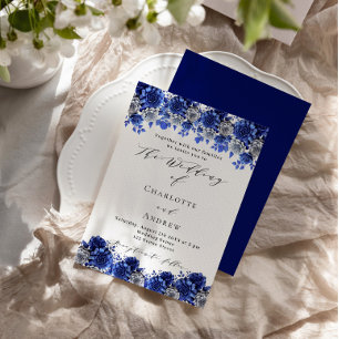 Koninklijk blauw wit bloemenschrift luxe bruiloft kaart