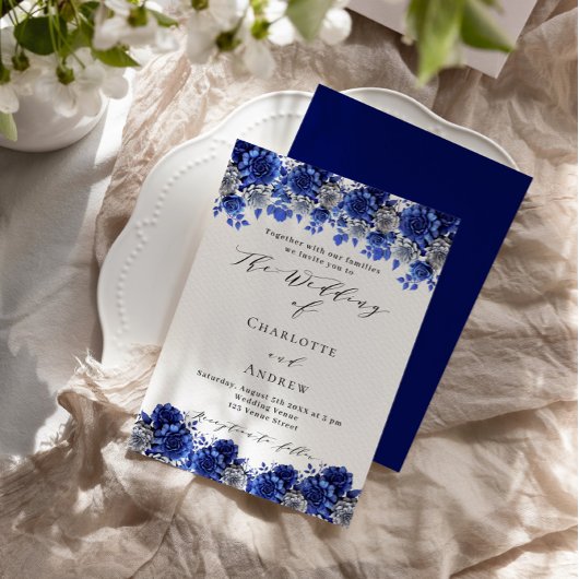 Koninklijk blauw wit bloemenschrift luxe bruiloft kaart