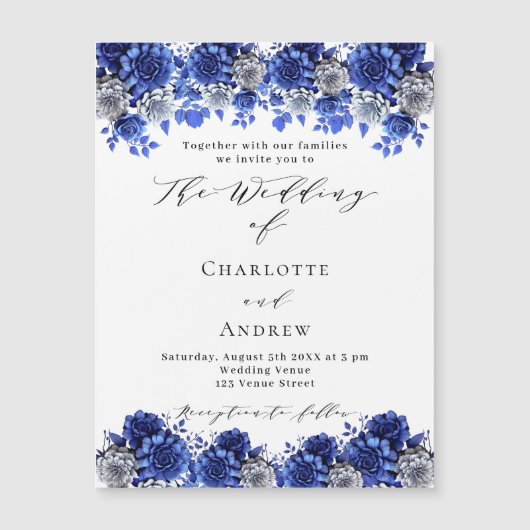 Koninklijk blauw wit bloemenschrift luxe bruiloft magnetische uitnodiging (Voorkant)