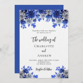 Koninklijk blauw wit bloemetjes luxe bruiloft kaart (Voorkant / Achterkant)
