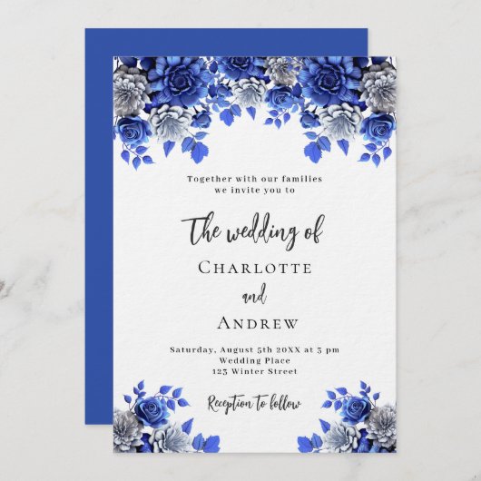 Koninklijk blauw wit bloemetjes luxe bruiloft kaart (Voorkant / Achterkant)