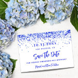 Koninklijk blauw wit confetti verjaardagsfeestje save the date<br><div class="desc">Een chique witte achtergrond versierd met koningsblauw confetti. Personaliseer en voeg een datum en naam/leeftijd toe. De tekst: Save the Date is geschreven met een groot trendy handgeschreven stijlscript. Koninklijke blauwe letters.</div>