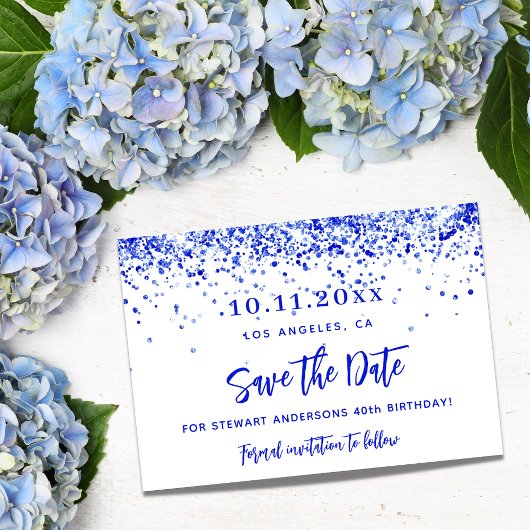 Koninklijk blauw wit confetti verjaardagsfeestje save the date