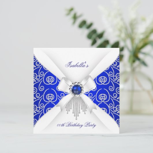Koninklijk Blauw Wit Diamond Pearl Birthday Partij Kaart (Staand voorkant)