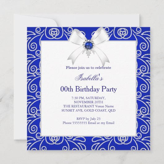 Koninklijk Blauw Wit Diamond Pearl Birthday Partij Kaart (Achterkant)