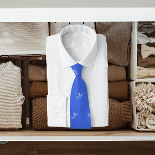Koninklijk blauw wit naampatroon modern script stropdas