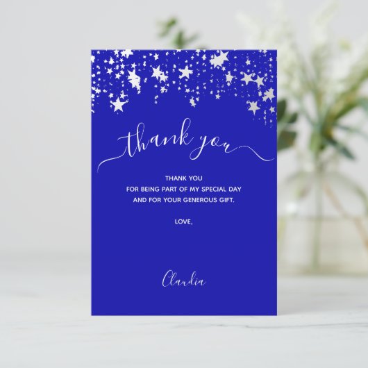 Koninklijk blauw, wit sterrenschrift bedankkaart (Staand voorkant)