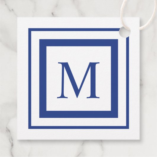 Koninklijk blauw-wit vierkant randmonogram bedankjes labels (Achterkant)