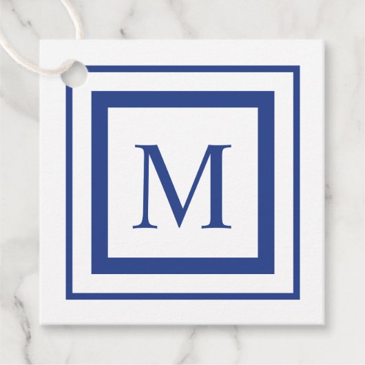Koninklijk blauw-wit vierkant randmonogram bedankjes labels (Voorkant)