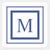 Koninklijk blauw-wit vierkant randmonogram vierkante sticker (Voorkant)