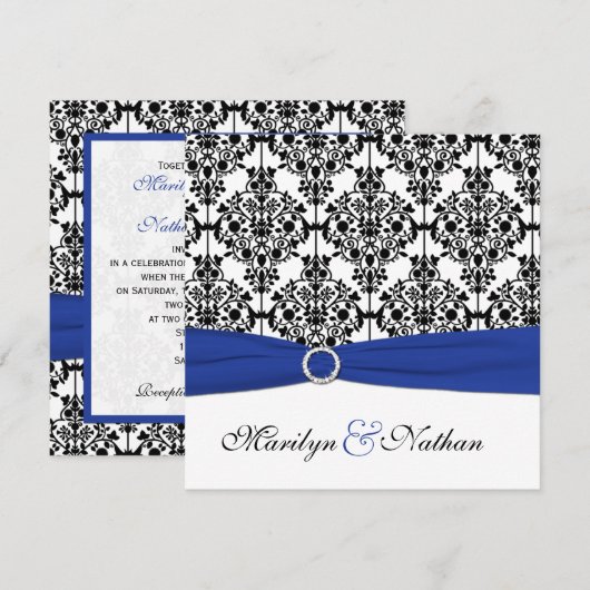 Koninklijk Blauw, Wit, Zwart Damast bruiloft uitno Kaart (Voorkant / Achterkant)