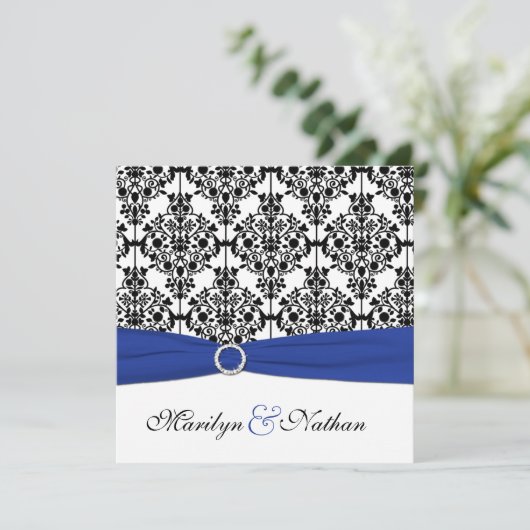Koninklijk Blauw, Wit, Zwart Damast bruiloft uitno Kaart (Staand voorkant)