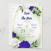 koninklijk blauw witte bloem groen goud geometrisc save the date (Voorkant)