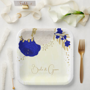 koninklijk blauw & witte bloemen goud papieren bordje