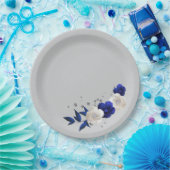 koninklijk blauw witte bloemen grijs papieren bordje (Feest)