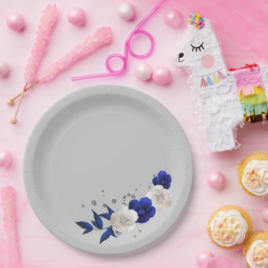 koninklijk blauw witte bloemen grijs papieren bordje (Feest)