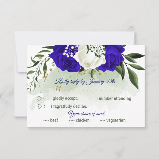 koninklijk blauw & witte bloemen groen keuzemenu RSVP kaartje (Voorkant)