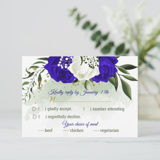 koninklijk blauw & witte bloemen groen keuzemenu RSVP kaartje (Staand voorkant)