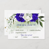koninklijk blauw & witte bloemen groen keuzemenu RSVP kaartje (Voorkant / Achterkant)