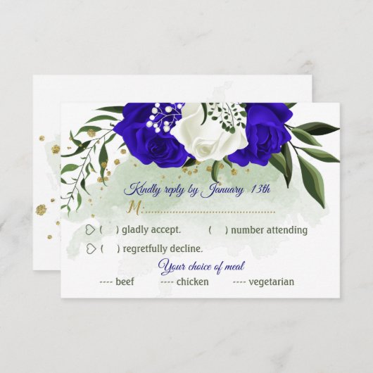 koninklijk blauw & witte bloemen groen keuzemenu RSVP kaartje (Voorkant / Achterkant)