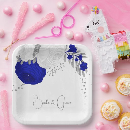 koninklijk blauw & witte bloemen zilver papieren bordje (Feest)