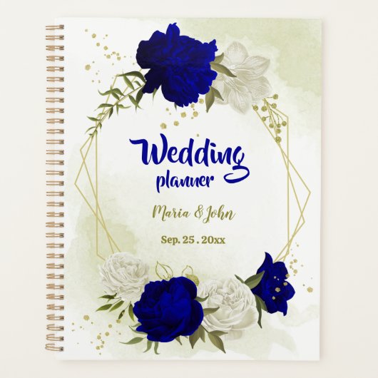 Koninklijk blauw witte bloemige bruiloft planner (Voorkant)