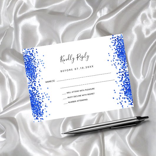 Koninklijk blauw witte confetti trouw-RSVP Notitiekaartje