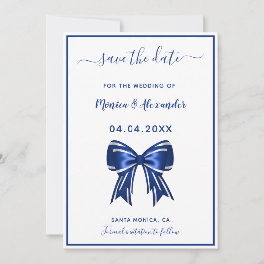 Koninklijk blauw witte elegante strik trouw Huweli Save The Date (Voorkant)