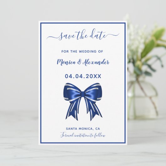 Koninklijk blauw witte elegante strik trouw Huweli Save The Date (Staand voorkant)