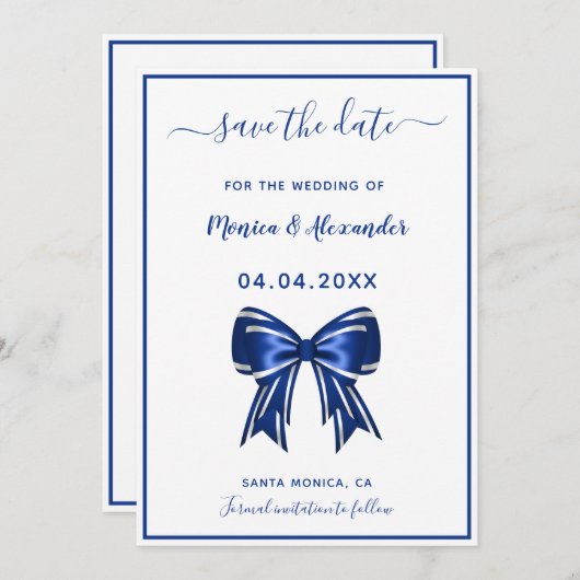 Koninklijk blauw witte elegante strik trouw Huweli Save The Date (Voorkant / Achterkant)