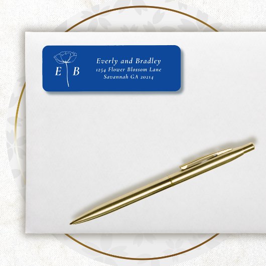 Koninklijk Blauw Witte Monogram Bloemaccent Adres Etiket