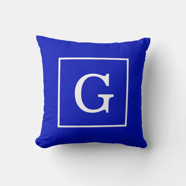 Koninklijk Blauw Witte Omlijst Initiaal Monogram Kussen (Voorkant)