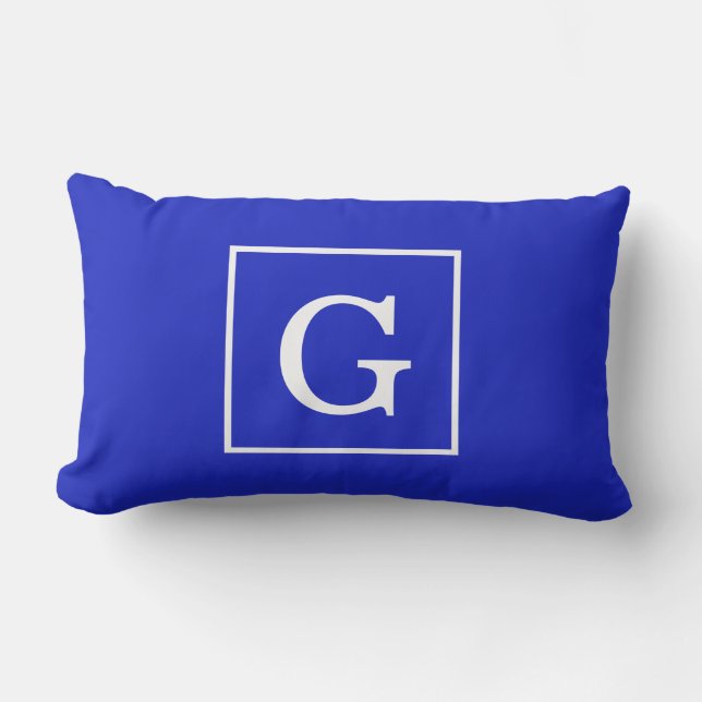 Koninklijk Blauw Witte Omlijst Monogram Buitenkussen (Voorkant)