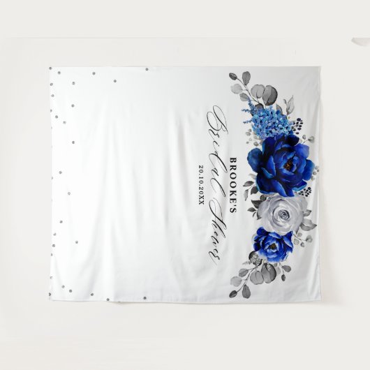 Koninklijk blauw witte zilveren bloem bruidsdouche wandkleed (Voorkant (horizontaal))