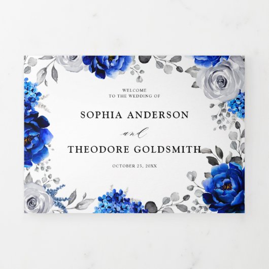 Koninklijk blauw witte zilveren metalen bloem brui drieluik aankondiging (Cover)